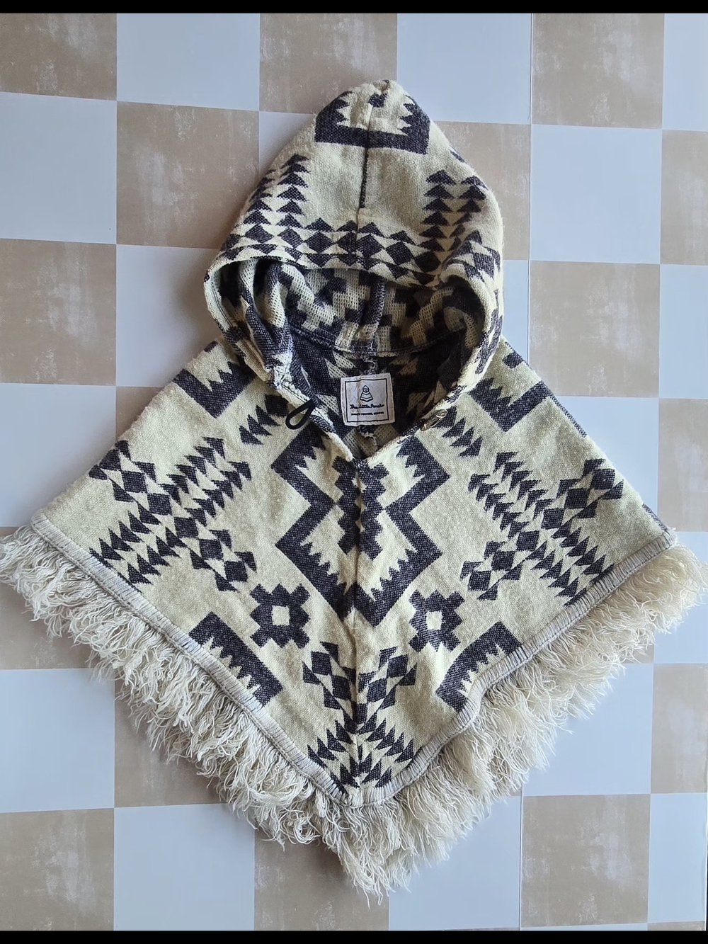 The Little Poncho Handmade Hooded Toddler Poncho - Geometric Grey & Cream 2T